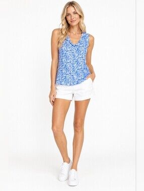J. McLaughlin Size XS Blue White Floral V-Neck Tank Top Ruffle Neck Detail